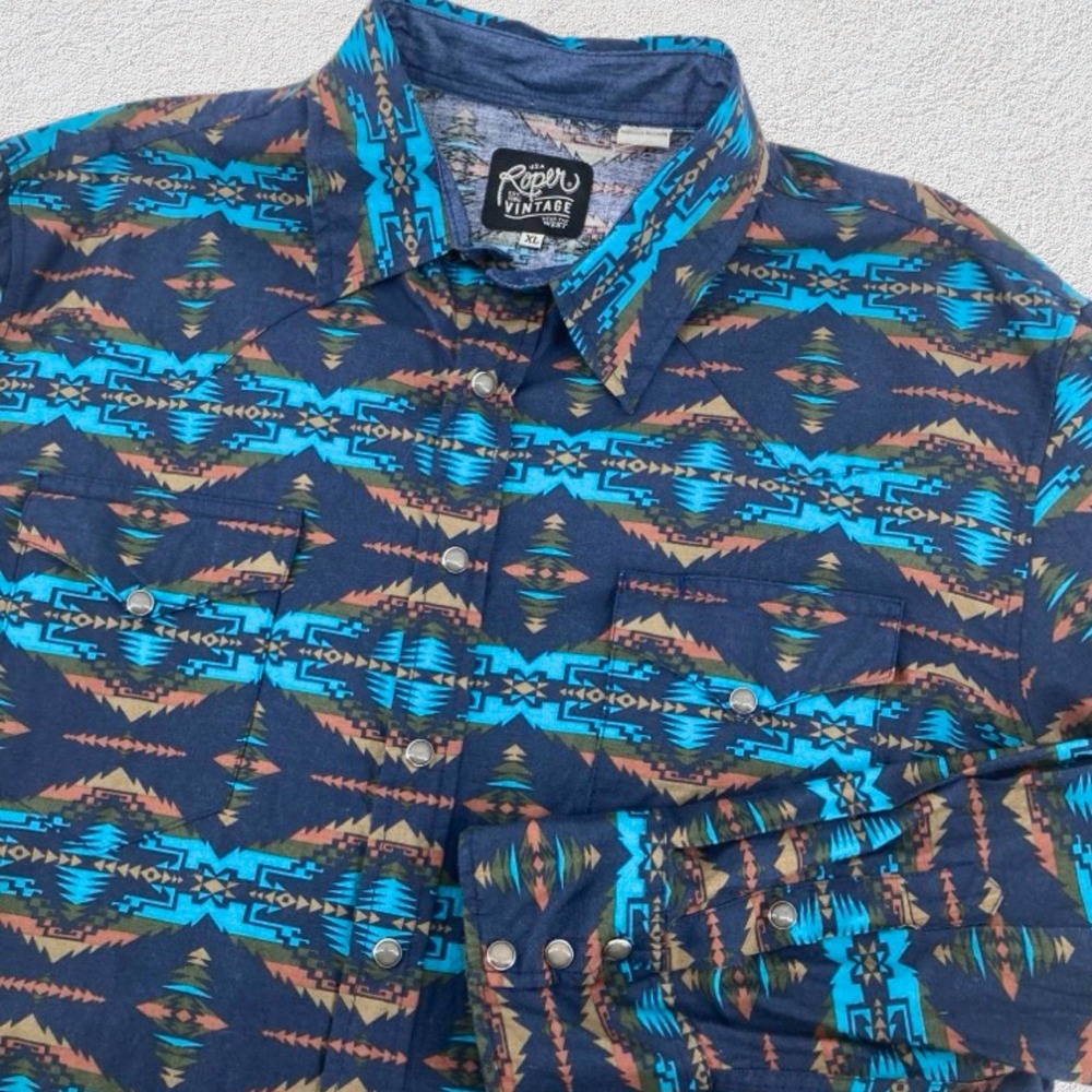 Roper Vintage Southwestern Print Snap Button Shirt Men‎ XL Cotton Western Aztec